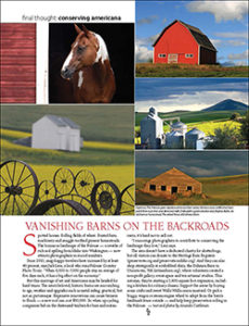 A magazine spread showing pastoral scenes from rural eastern WA, including pioneer barns and an Appaloosa horse